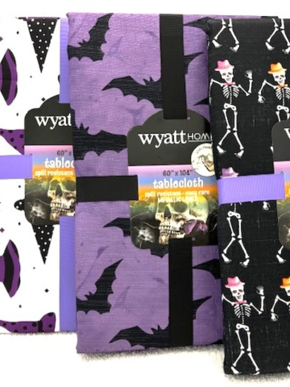 Three different Halloween themed, spill resistant, easy care tablecloths NWT